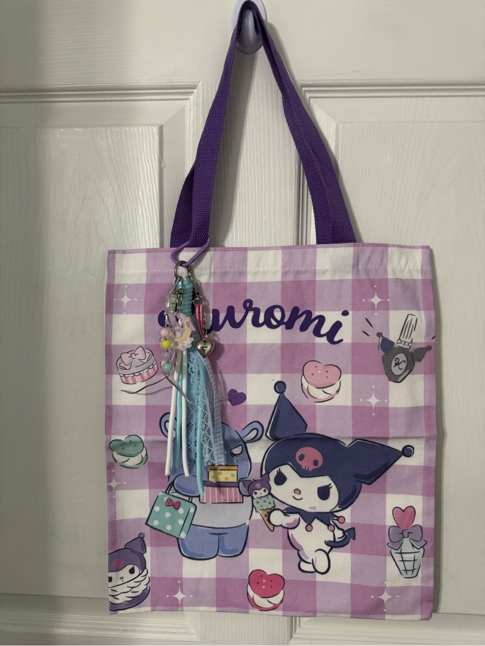 Kuromi Purple Check Canvas Tote Bag with Decorative Bag Charm